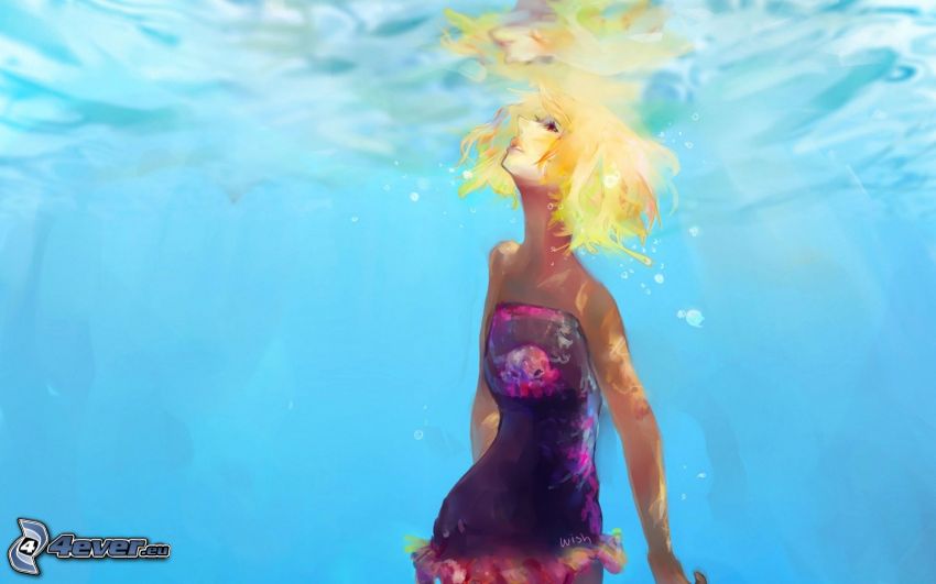 kreslená žena, žena vo vode