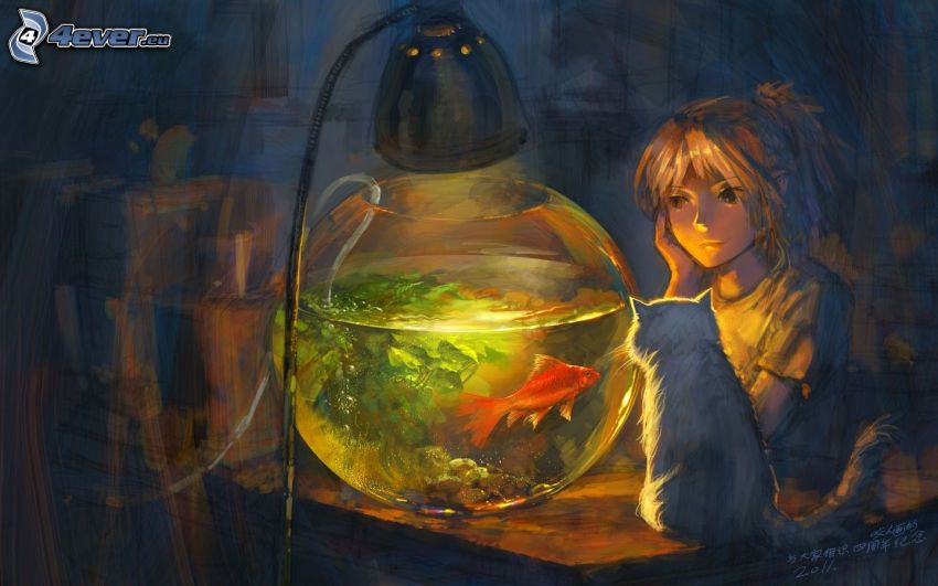 kreslené dievča, akvárium