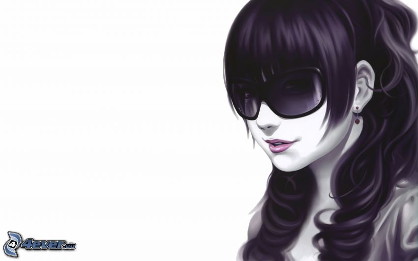 kreslené dievča, dievča s okuliarmi, fialové vlasy