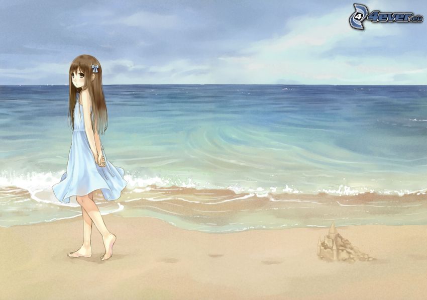 kreslené dievča, more, pláž