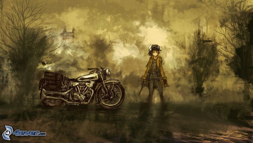 kreslené dievča, motorka