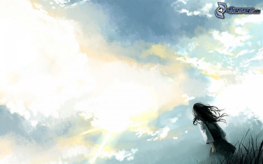 kreslené dievča, obloha, oblaky