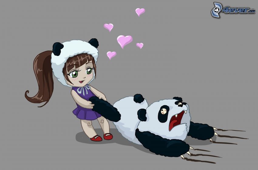kreslené dievča, panda, ružové srdiečka