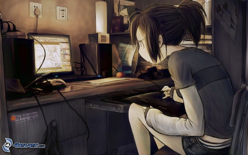 kreslené dievča, počítač