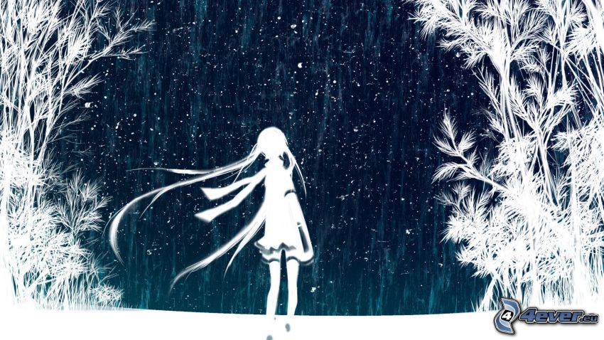 kreslené dievča, sneh, stromy