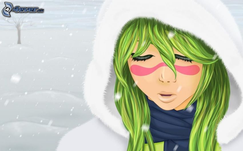 kreslené dievča, sneh, zelené vlasy