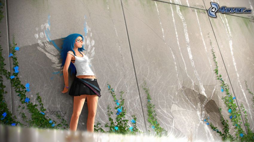 kreslené dievča, stena, modré vlasy