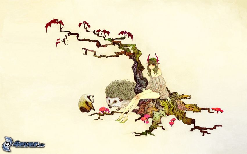 kreslené dievča, strom, ježko