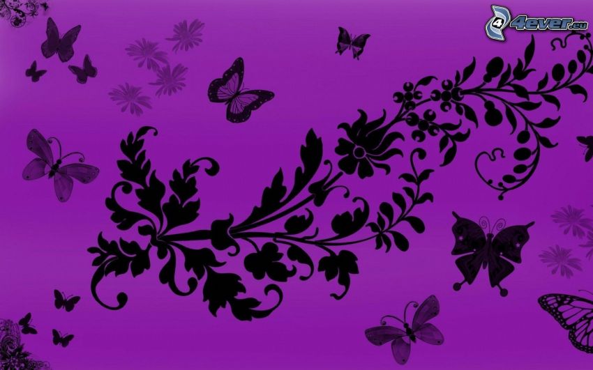 kreslené kvety, motýle, fialové pozadie