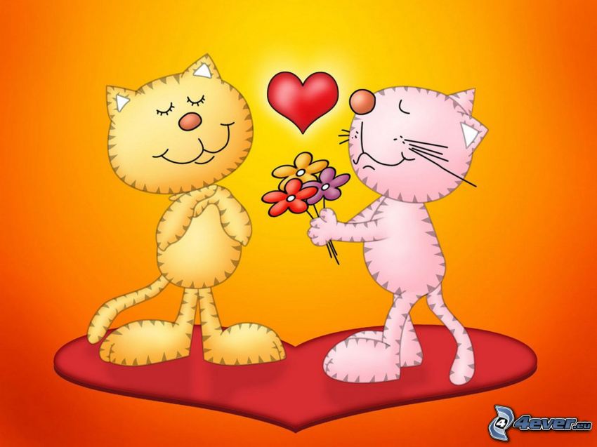 kreslené mačky, kvety, srdiečko, láska
