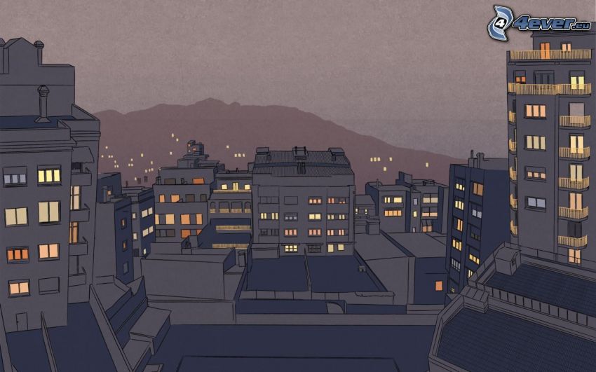 kreslené mesto, nočné mesto