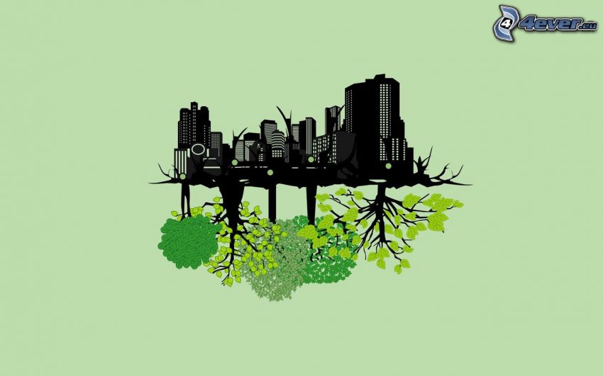kreslené mesto, stromy
