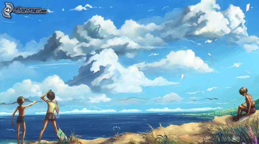 kreslené postavy, more, oblaky
