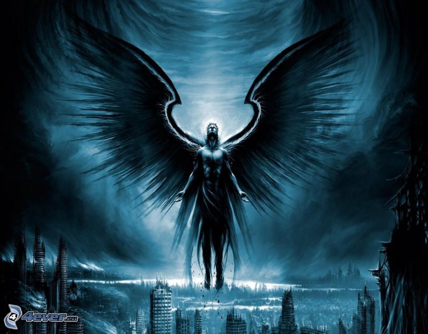 kreslený anjel, čierne krídla
