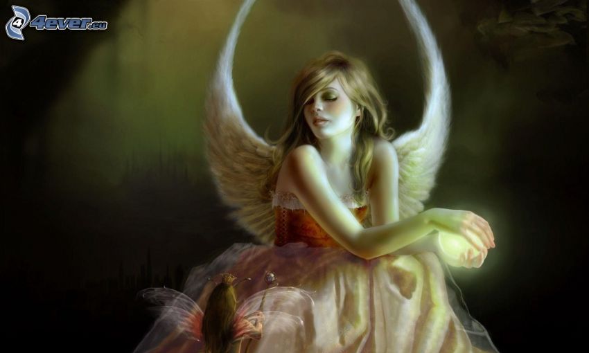 kreslený anjel, maľovaná žena