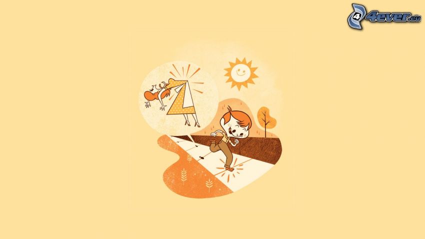 kreslený chlapec, beh, chodník, kreslená žena, slnko