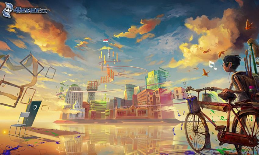 kreslený chlapec, bicykel, mesto