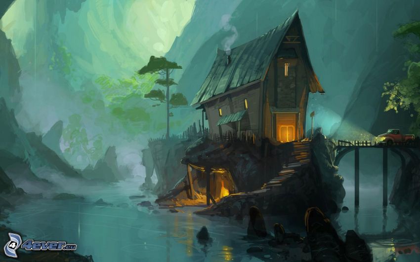 kreslený dom, rieka