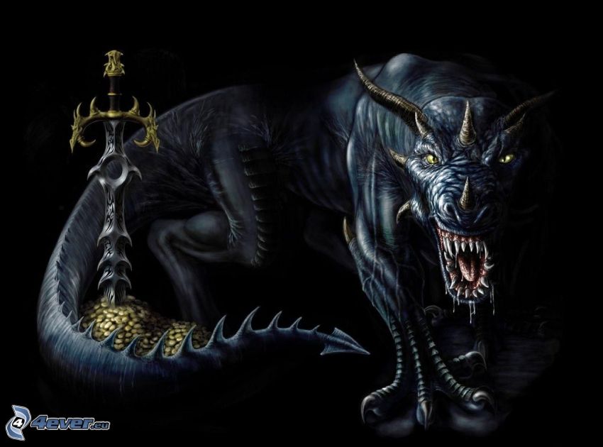 kreslený drak, meč, poklad