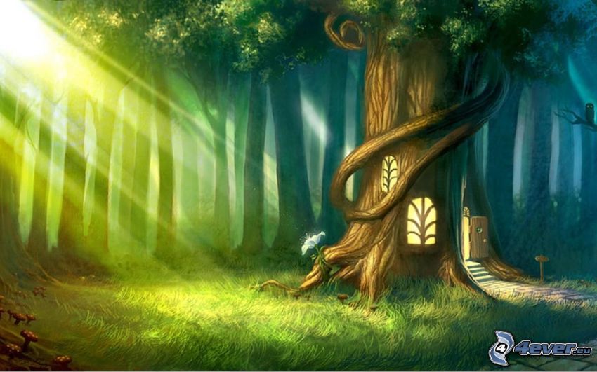 kreslený strom, domček, slnečné lúče v lese