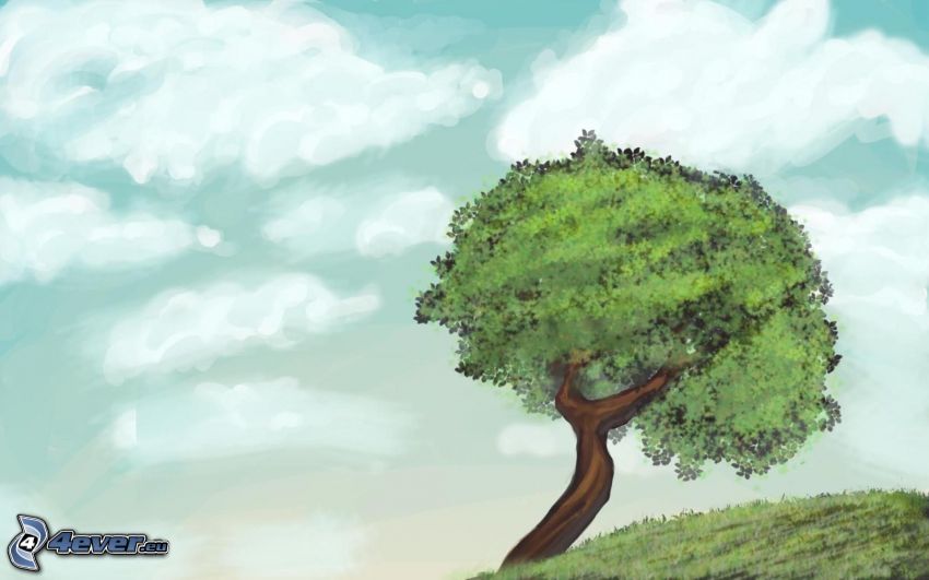 kreslený strom, oblaky