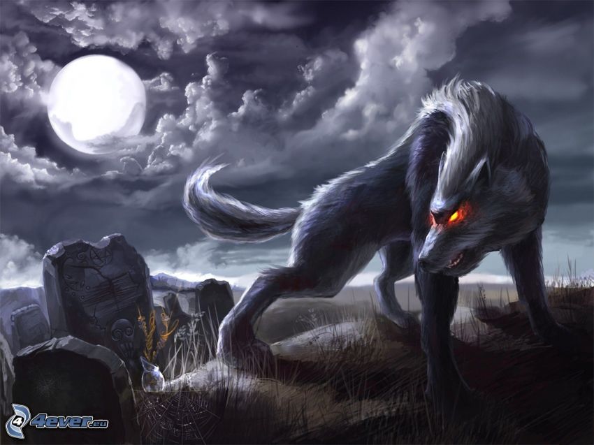 kreslený vlk, pomník, mesiac, noc