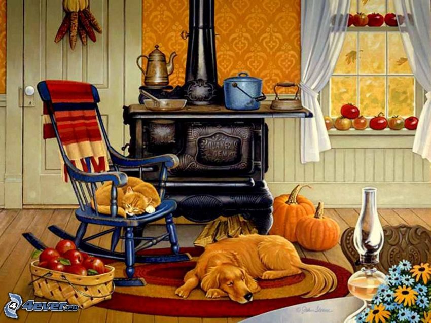 kuchyňa, kreslený pes, kreslená mačka, spiaci pes, spiaca mačka, hojdacie kreslo, červené jablká v bedničke, paradajky, kvety, pec