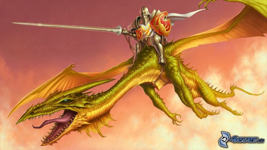 lietajúci drak, kreslený drak, rytier