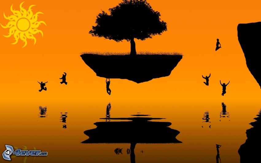 lietajúci ostrov, siluety ľudí, kreslené slnko