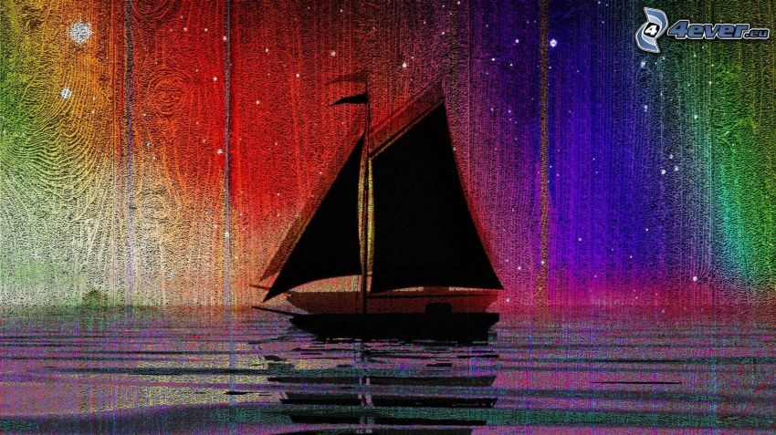 loďka na mori, dúhové farby