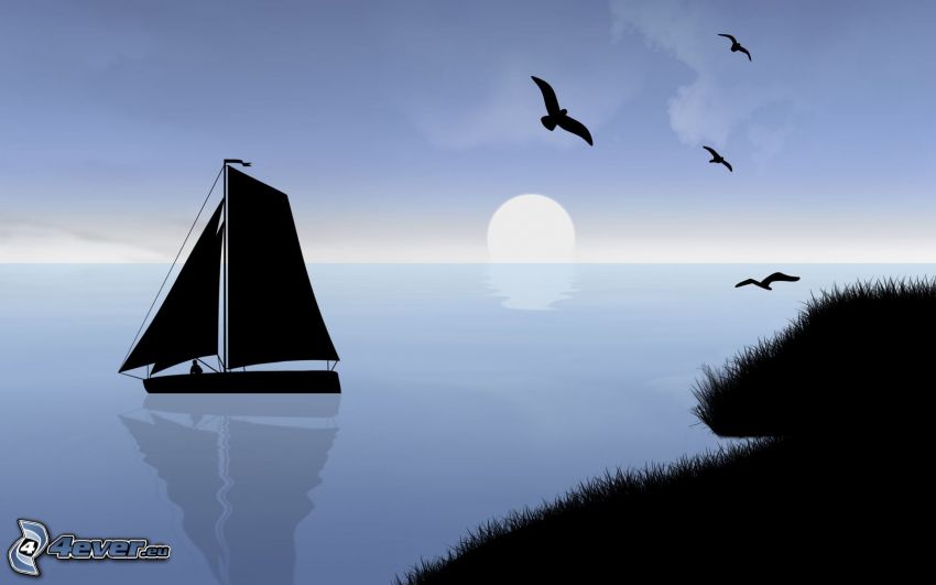 loďka na mori, západ slnka za morom, kŕdeľ vtákov, siluety