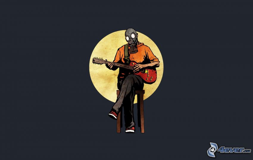 muž s gitarou, plynová maska, mesiac