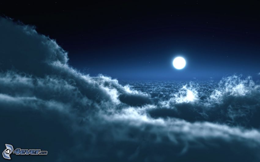 noc, mesiac, nad oblakmi