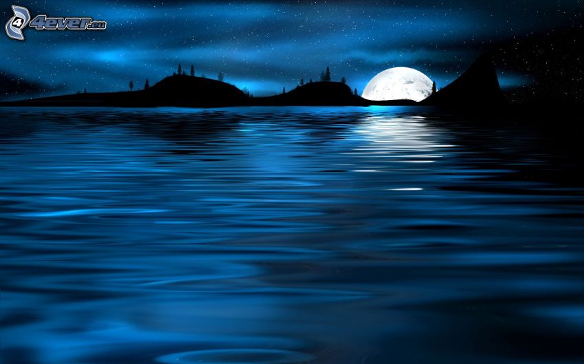nočná krajina, more, mesiac, horizont