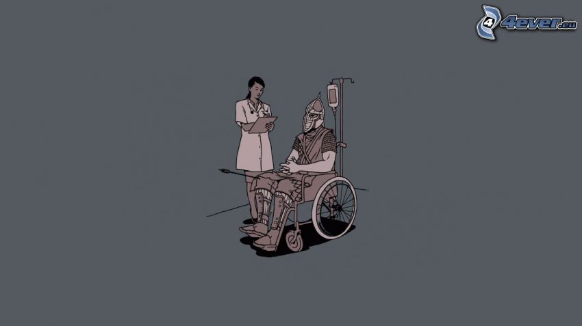 pacient, rytier, muž, zranenie, invalidný vozík, zdravotná sestrička