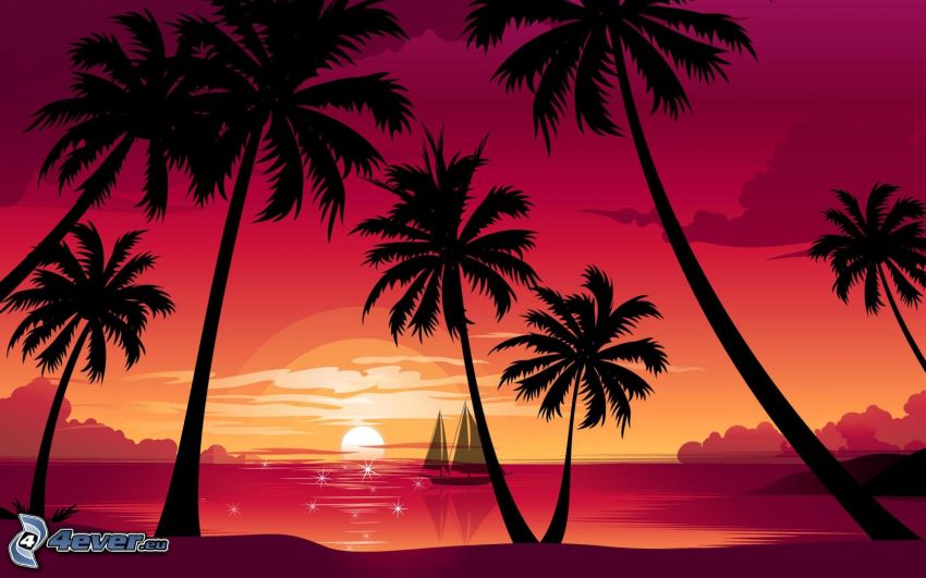palmy na pláži, západ slnka za morom, kreslená plachetnica