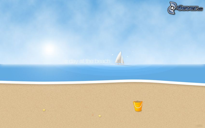 piesočná pláž, vedro, kreslená plachetnica, more, text