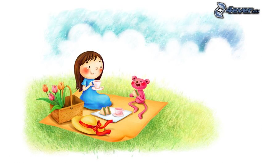 piknik, kreslené dievča, medvedík, tulipány