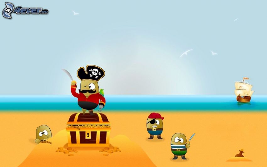 piráti, kreslené postavičky, piesočná pláž, plachetnica, more