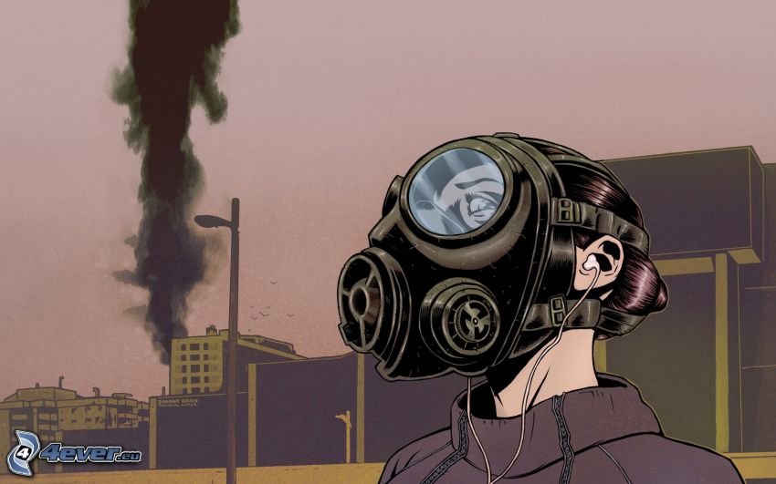 plynová maska, kreslené dievča, mesto
