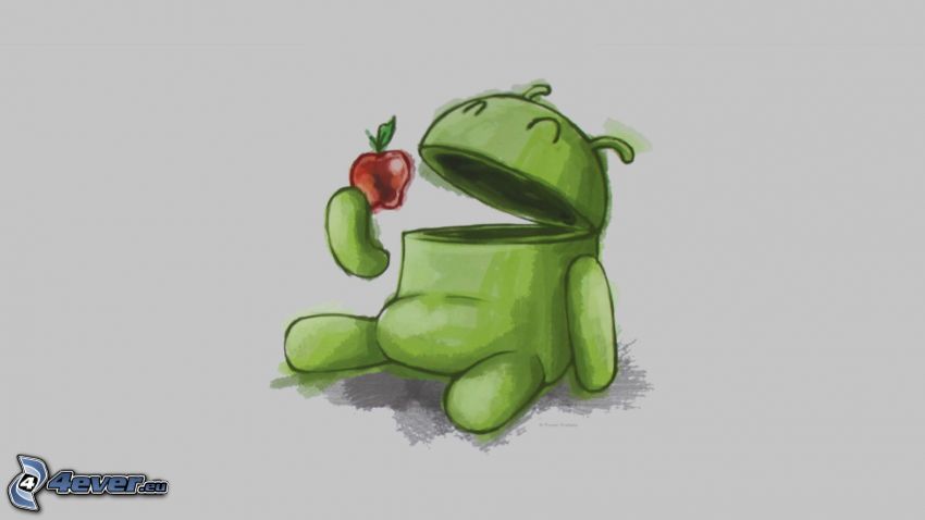 Android, jablko, kreslené