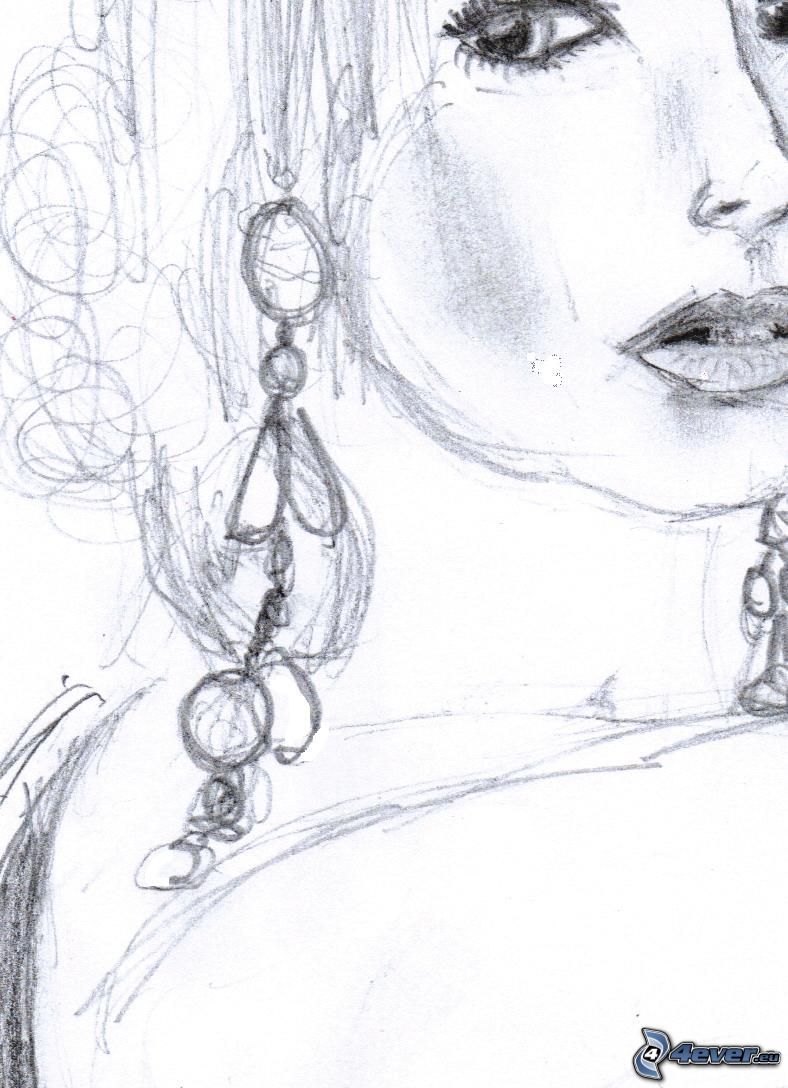 kreslená tvár, kreslená žena, náušnice