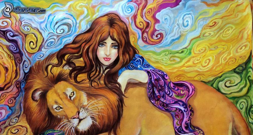 kreslená žena, kreslený lev, maľba