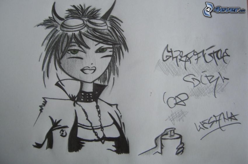 kreslené dievča, čertica, graffiti