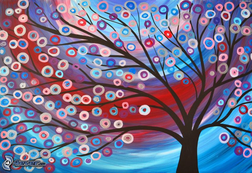 kreslený strom, farebné krúžky