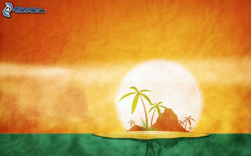 palmový ostrov, more, žiarivé oranžové slnko, maľba