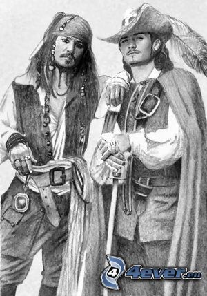 piráti, Jack Sparrow, Will Turner, Johnny Depp, Orlando Bloom
