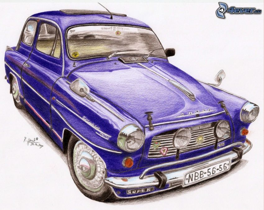 Škoda Octavia, veterán, kreslené auto