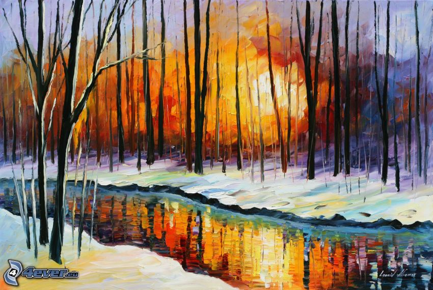 západ slnka v lese, rieka, sneh, olejomaľba