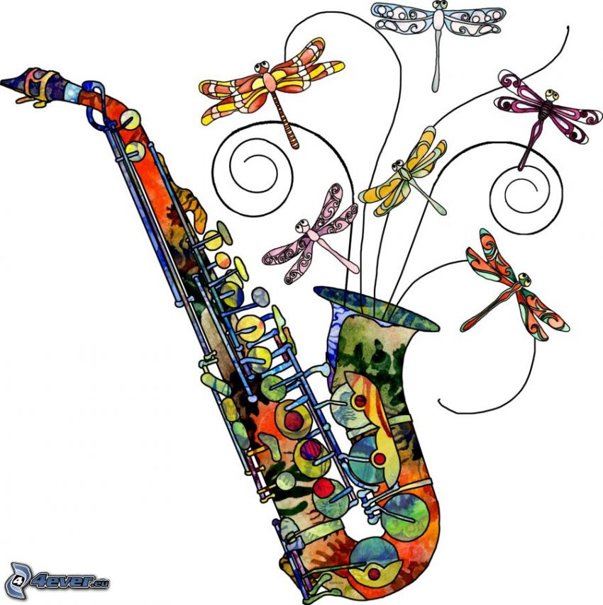 saxofón, vážka, farby